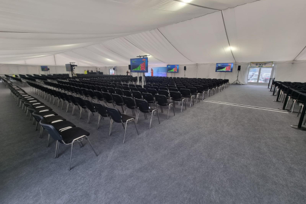 Copy of 20m x 45m internal hard sided with white flat lining Marquee hire
